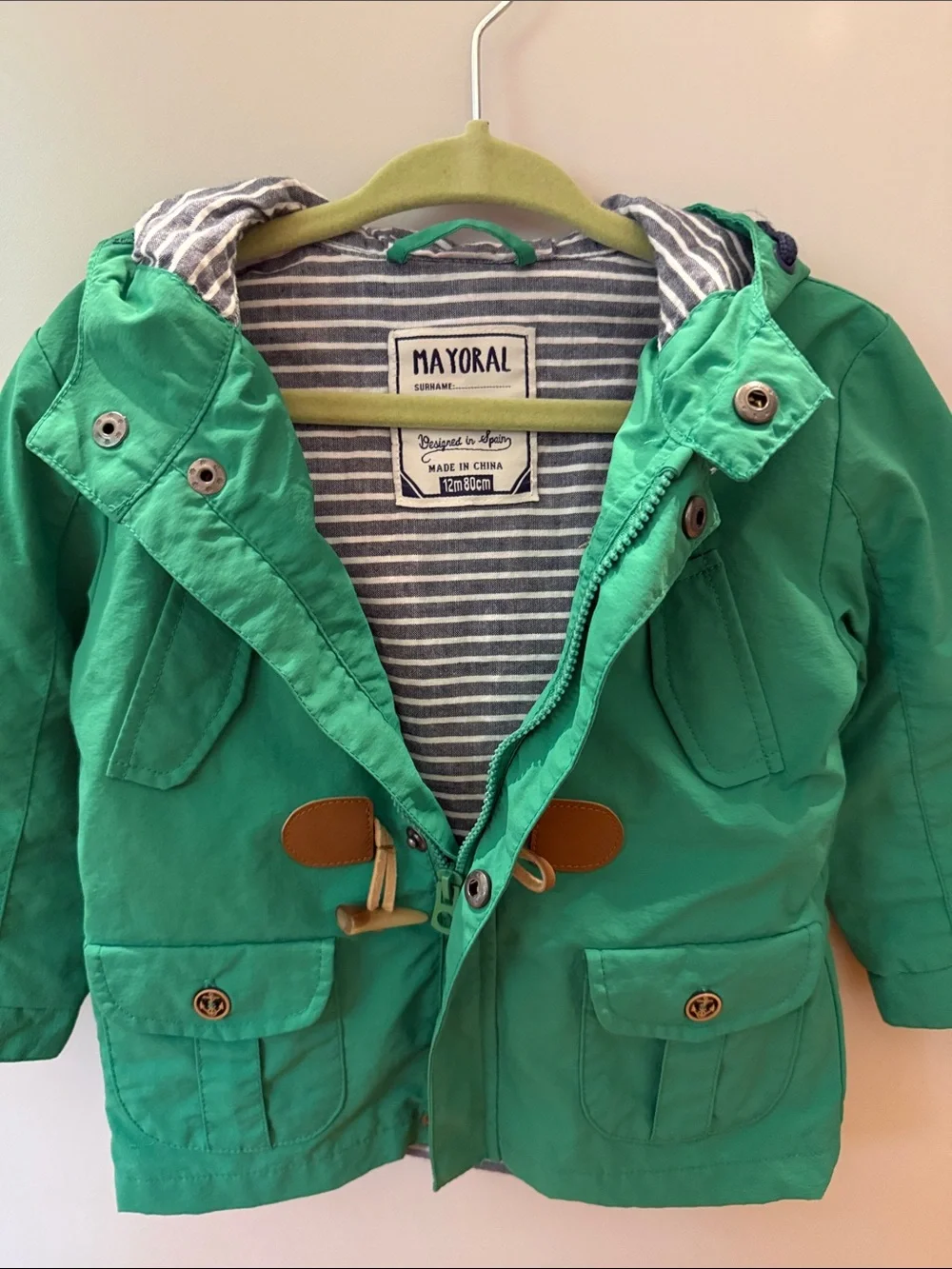 Mayoral Bright Green Hooded Toggle Raincoat